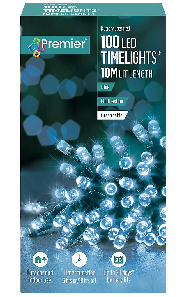 Premier 100 Battery Operated Time Lights 10m Lit Length Blue