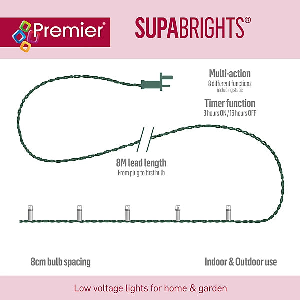 Premier 200 Multi-Action LED Clear Cable Superbrights With Timer White