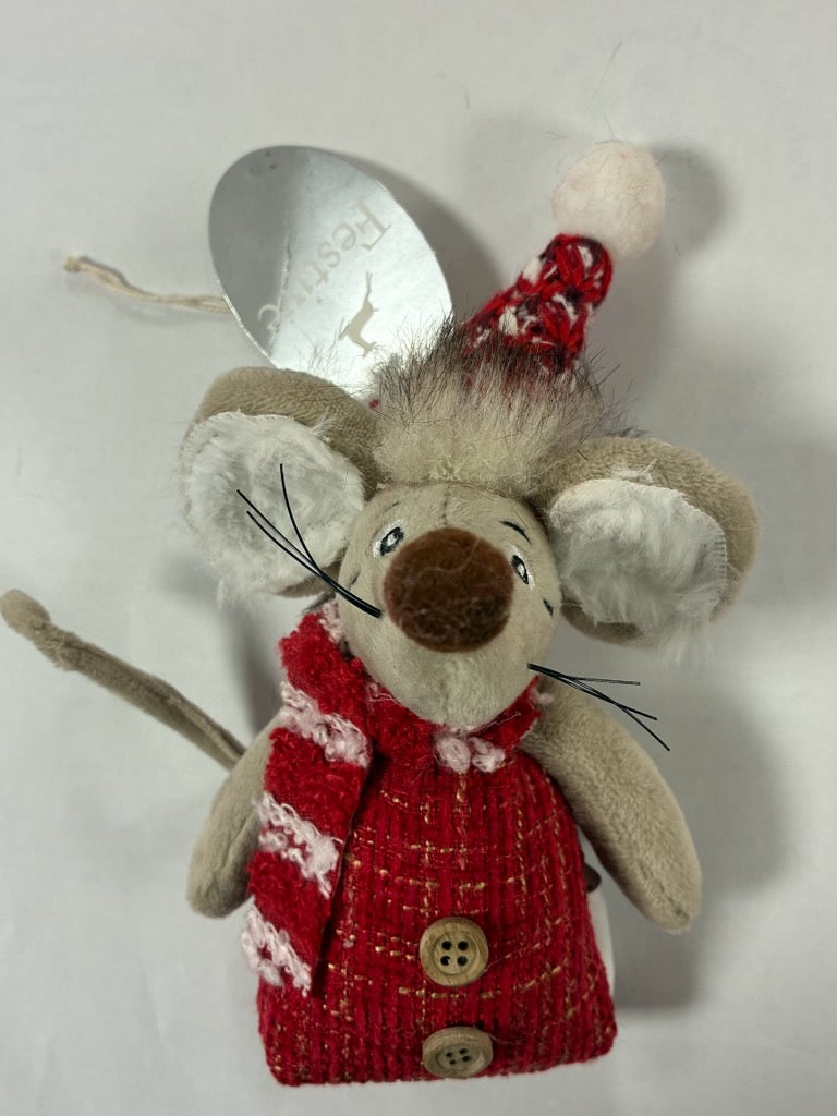 Christmas Mouse in Red Coat Hanging Plush
