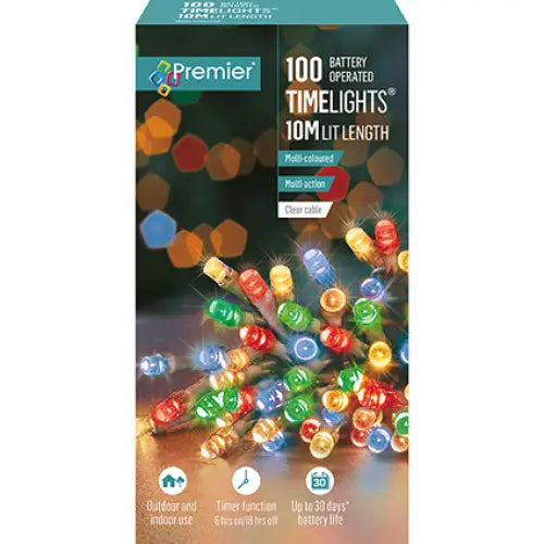 Premier 100 Multi-Action Battery Operated LED Clear Cable Lights With Timer Multi Coloured