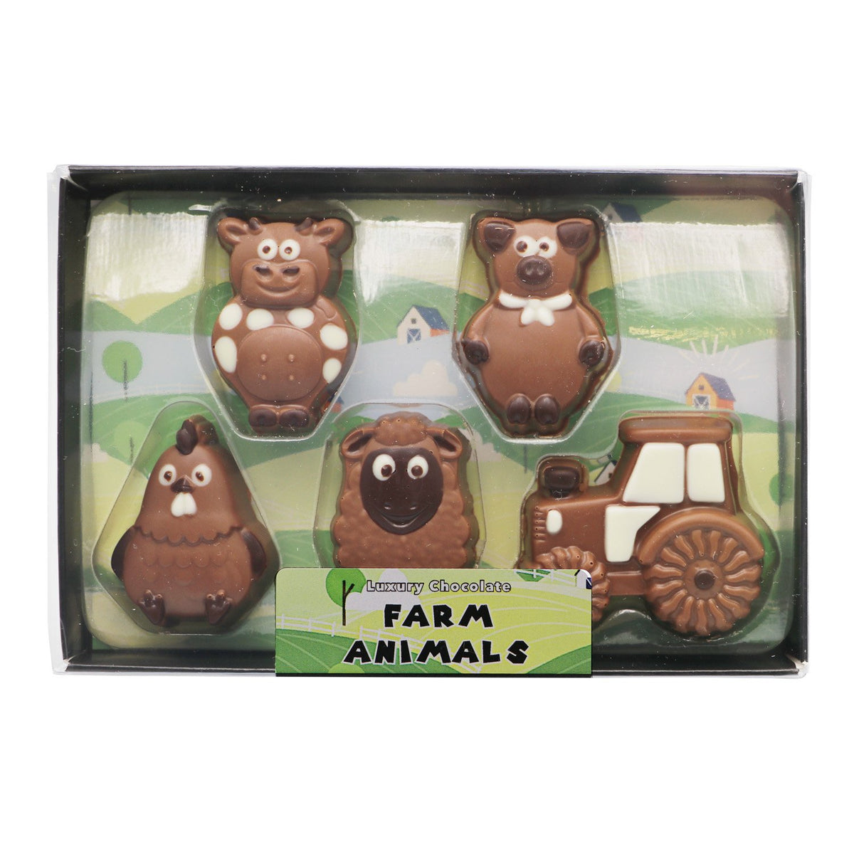 Decorated assorted chocolate farm animals in gift box 85g